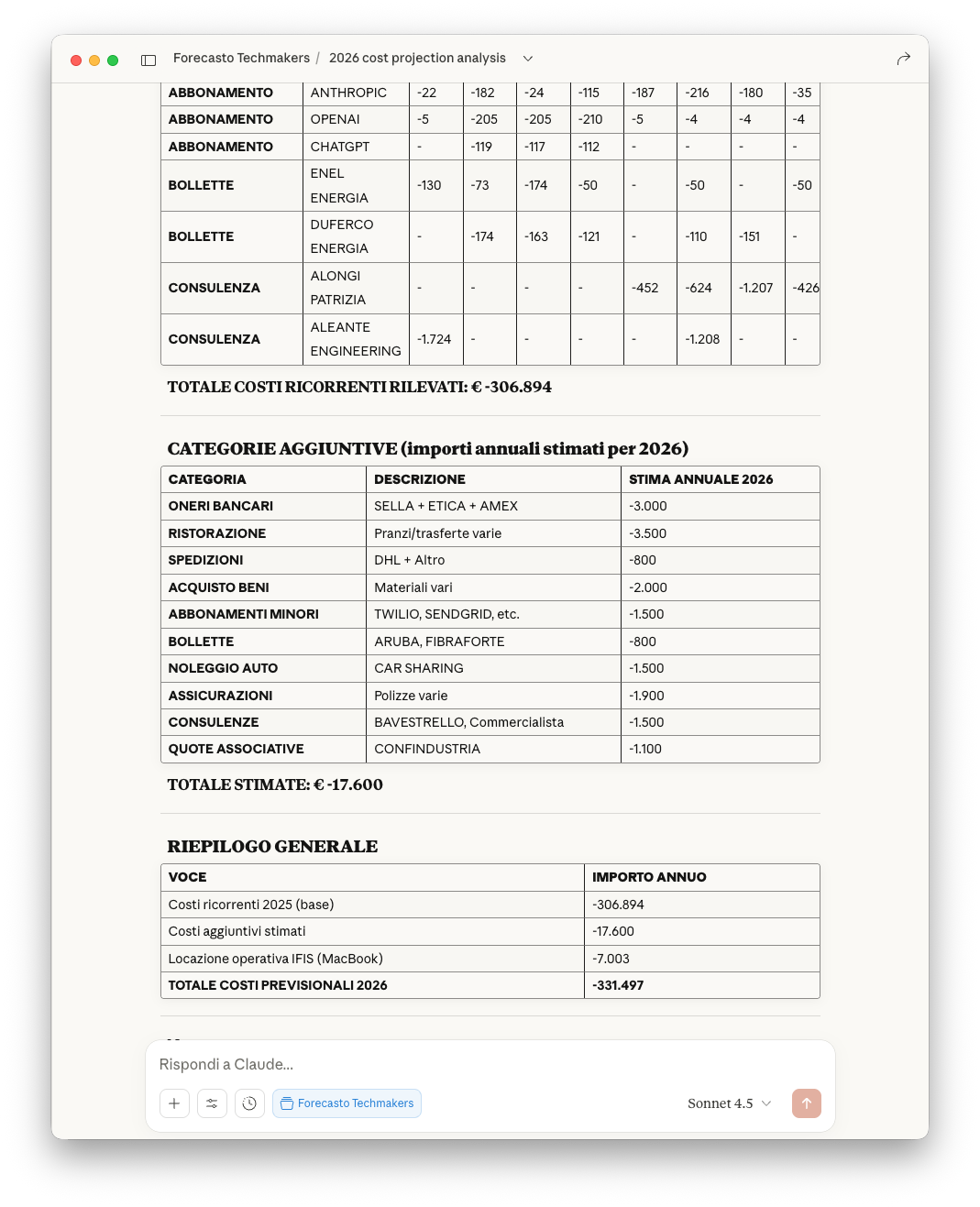 Chat e tabella generate in tempo reale