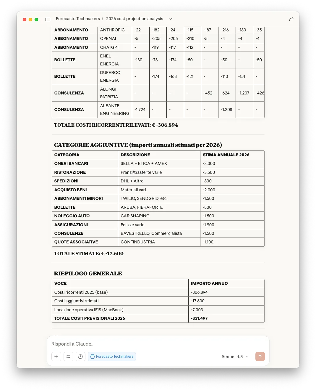 Chat e tabella generate in tempo reale