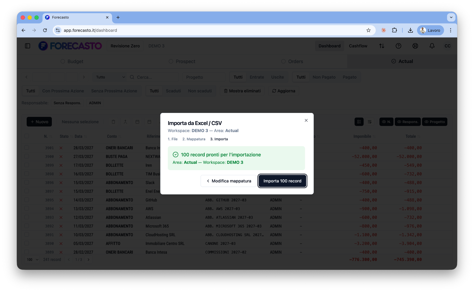 Import: conferma e importa i record