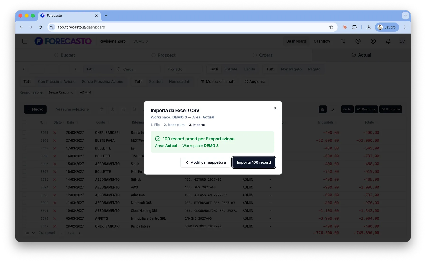 Import: conferma e importa i record
