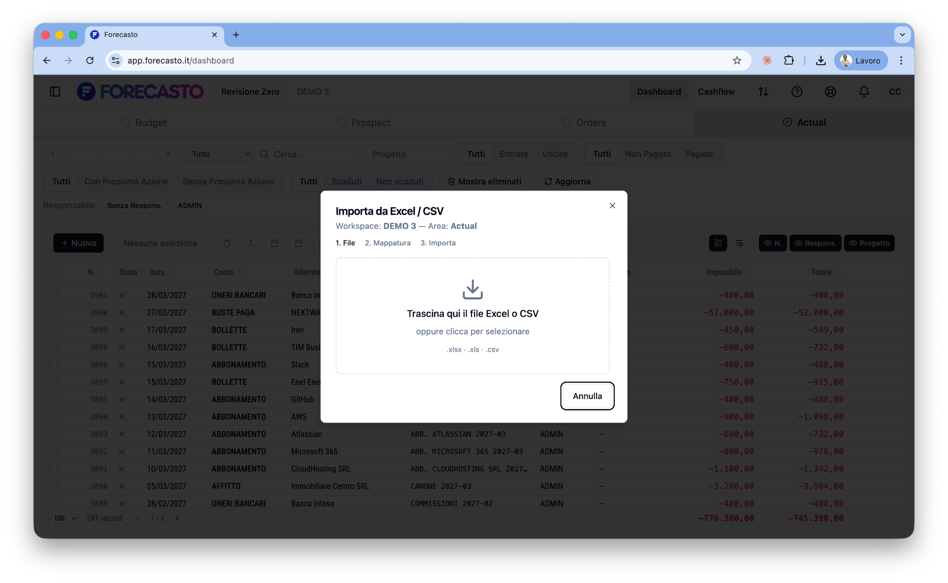 Import: trascina il file