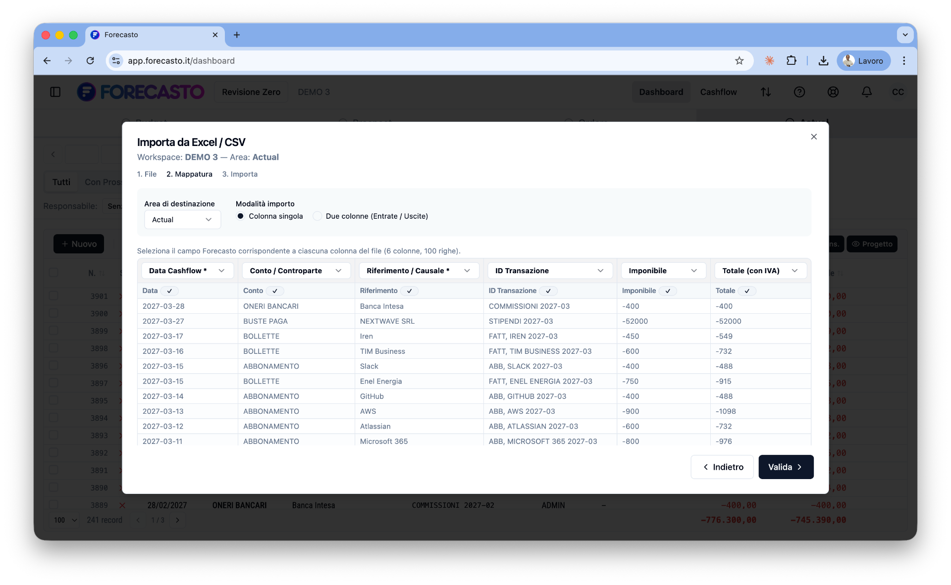 Import: mappatura intelligente delle colonne