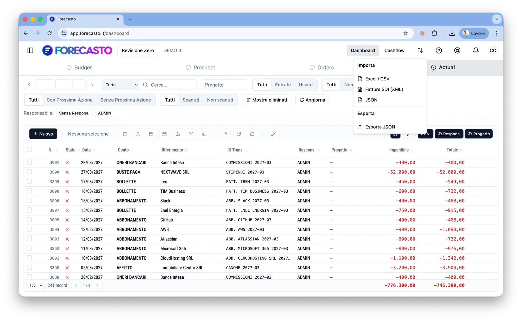 Dashboard Actual con menu import