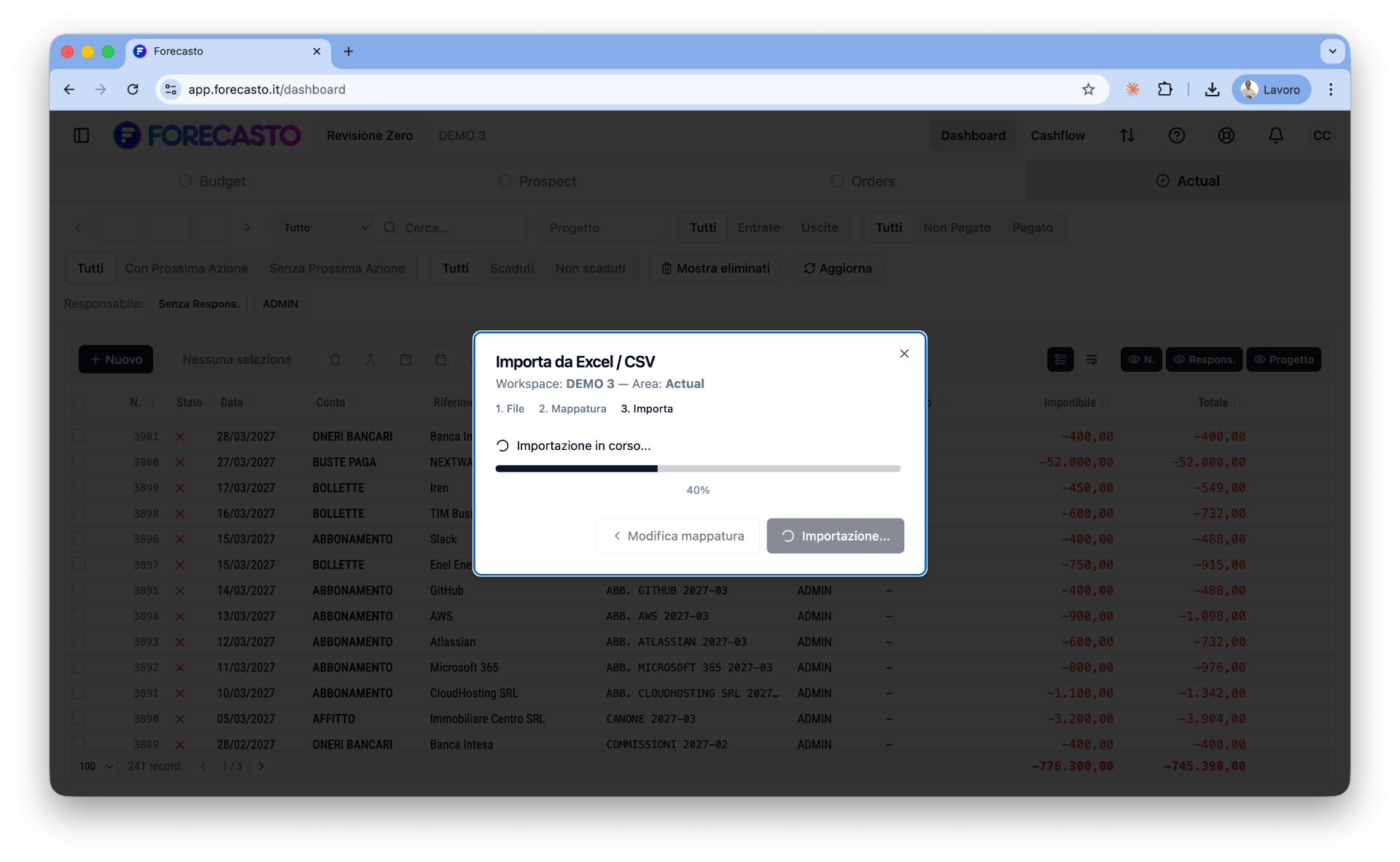 Import: importazione in corso con progress bar