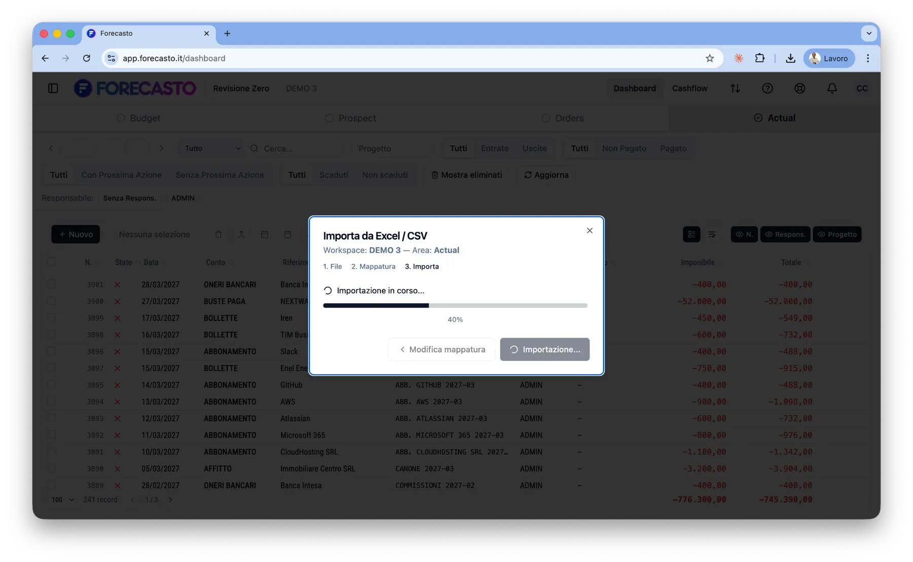 Import: importazione in corso con progress bar