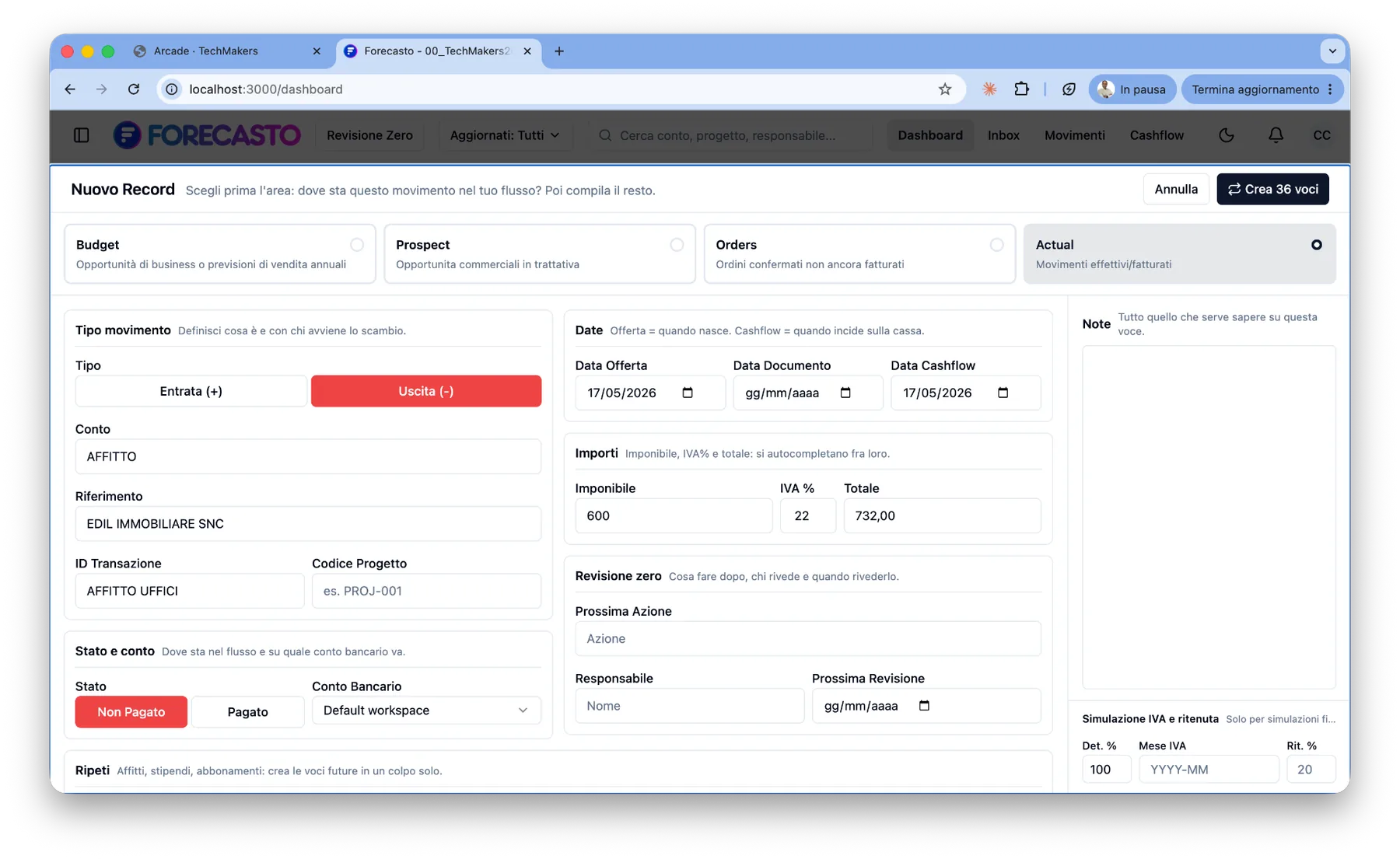 Drawer Nuovo Record — form completo per Actual in uscita