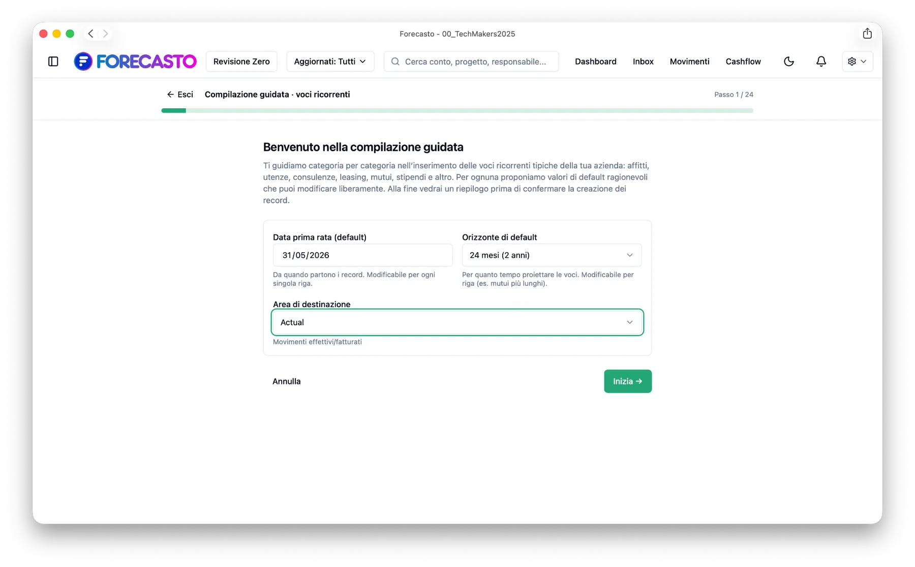 Compilazione guidata voci ricorrenti — intro wizard