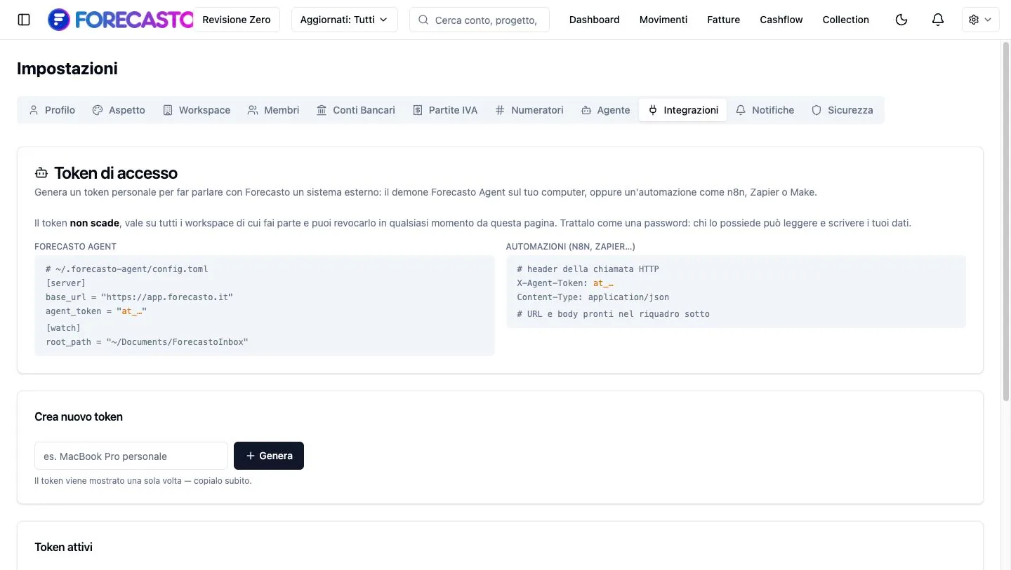 Il token di accesso, la configurazione del Forecasto Agent e l&rsquo;header per n8n, Zapier e Make